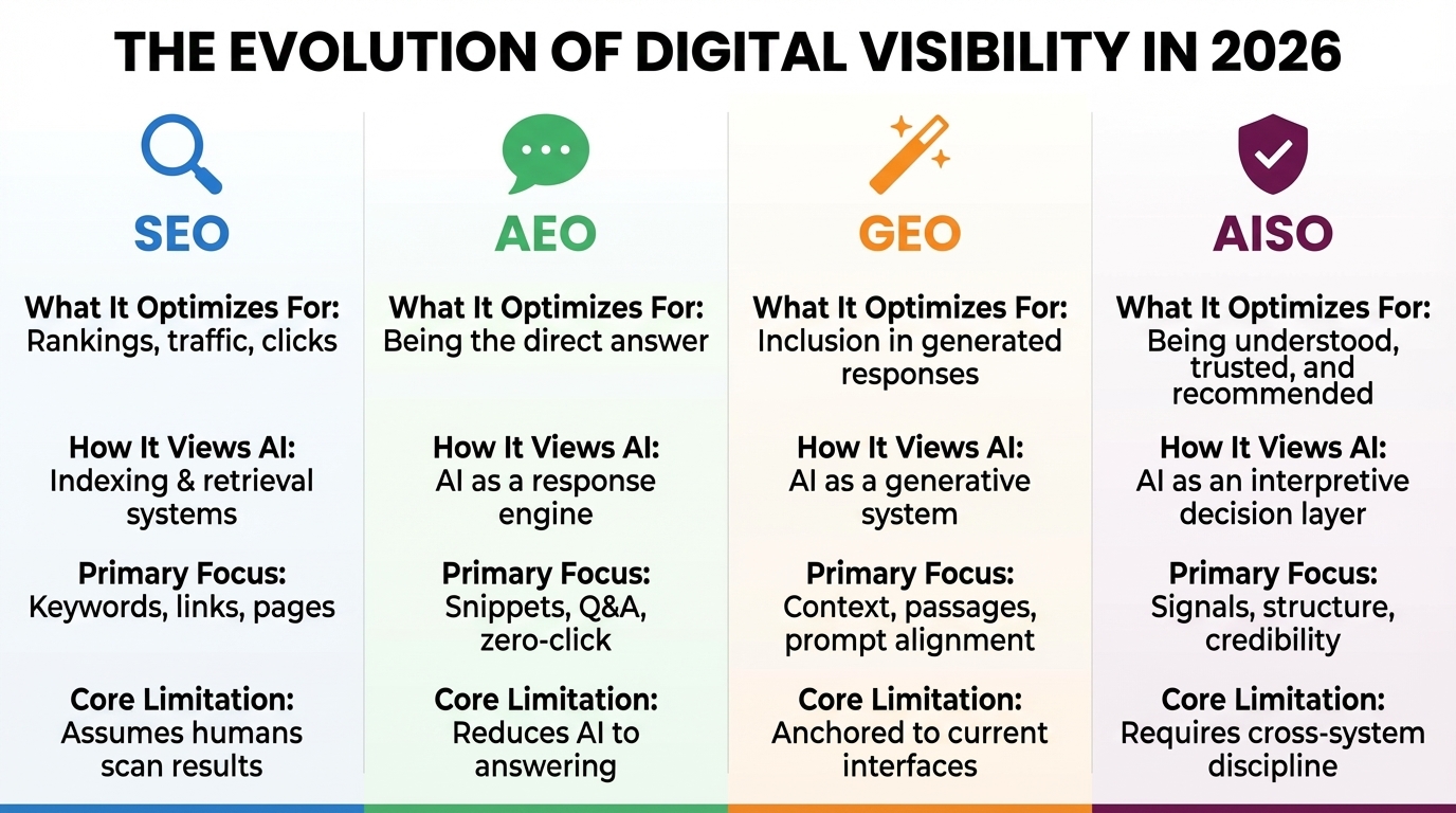 Comparison chart showing the evolution of digital visibility from SEO to AISO. Four columns display SEO (blue magnifying glass icon), AEO (green chat bubble icon), GEO (orange magic wand icon), and AISO (purple shield with checkmark icon). Each column shows what it optimizes for, how it views AI, primary focus, and core limitations. SEO focuses on rankings and traffic, AEO on being the direct answer, GEO on inclusion in generated responses, and AISO on being understood, trusted, and recommended.
